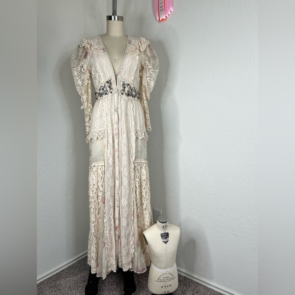 LoveShackFancy Dresses & Skirts - LoveShackFancy Ibis Beaded Ruffle V Plunge Lace Overlay Dress in Magnolia Tea